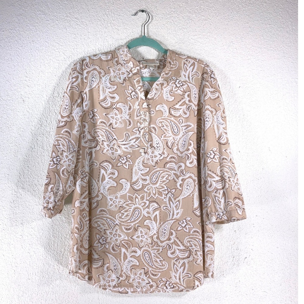 Appleseed's Women Large Tan Paisley Cotton 3/4 Sleeve Tunic Blouse ASA25035